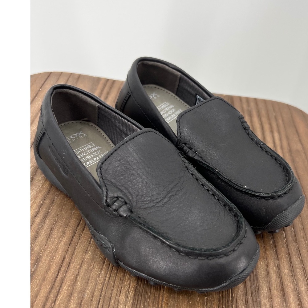 Geox Respira Boys Black Leather Loafers Driving Mocs Slip On Shoes Size 26 EU